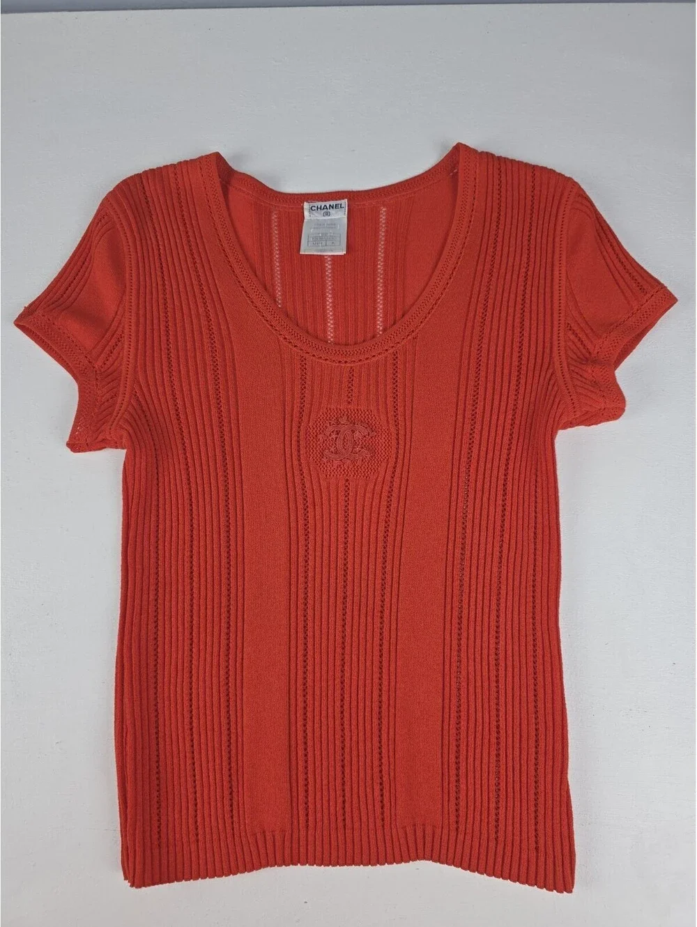 Vintage Chanel Monogram CC Knit Short Sleeve Ribbed Top Red Size 46 MINT